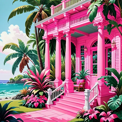 Prompt: A vibrant tropical scene unfolds with an exuberantly pink porch that extends gracefully into the lush landscape, capturing an inviting atmosphere. This charming structure, adorned with columns and surrounded by broad-leafed plants, harmonizes beautifully with clusters of vivid pink flowers that add a burst of color. In the background, towering palm trees frame a serene view of the ocean, where soft, pastel clouds melt into the horizon, suggesting a calm sunset. The wooden floorboards, polished and gleaming, reflect the warm outdoor light, enhancing the cheerful, playful aesthetic of the space. The entire setting exudes a mood of relaxation and joy, evoking the essence of a dreamy coastal getaway.