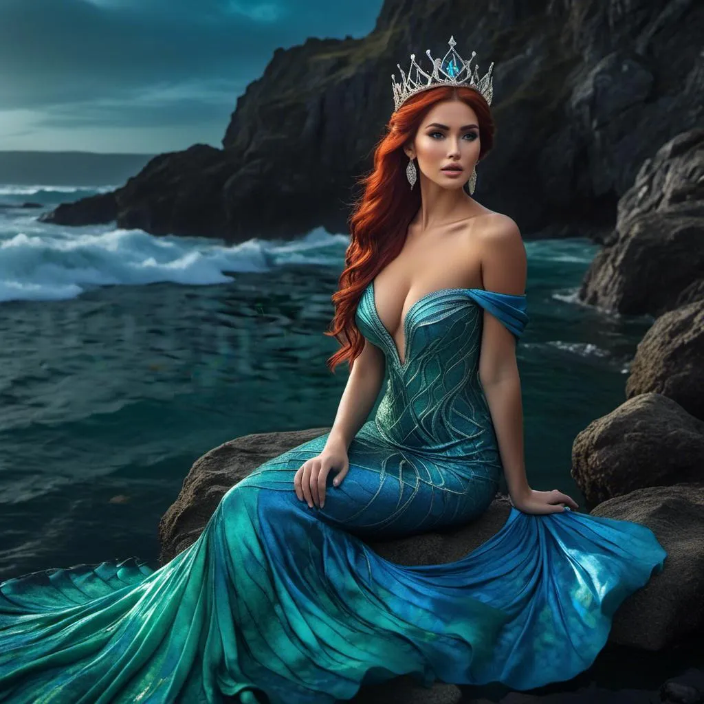 Prompt: <mymodel>HD 4k 3D 8k professional modeling photo hyper realistic beautiful woman ethereal greek goddess druid mermaid
cobalt blue hair olive skin gorgeous face  jewelry druid crown colored mermaid tail full body surrounded by ambient glow hd landscape under lush celtic waters

