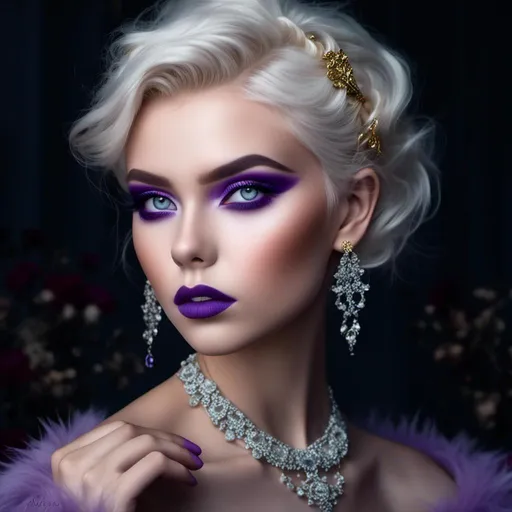 Prompt: <mymodel>Hypnotic bimbo  platinum  blonde   gold lips and purple eyeshadow 