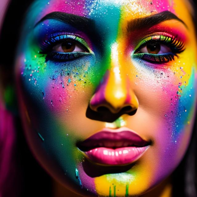 Prompt: female face dripping  paint in rainbow colors, facial closeup