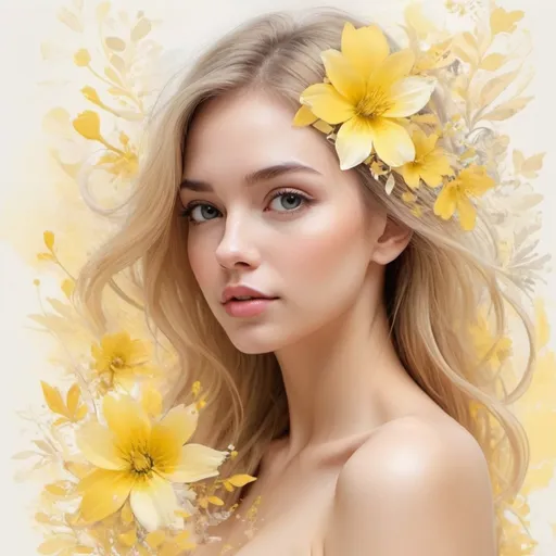 Prompt: <mymodel>Delicate floral abstract design featuring a pretty girl in yellow, high quality, detailed, abstract art, floral patterns, delicate design, pastel tones, soft lighting, professional, blissful atmosphere, elegant artwork, detailed features, spring theme, bright colors, artistic, warm lighting