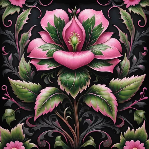 Prompt: a painting of a pink flower with green leaves on a black background with a black background behind it is a picture of a pink flower, Anne Stokes, cloisonnism, highly detailed digital painting, an airbrush painting