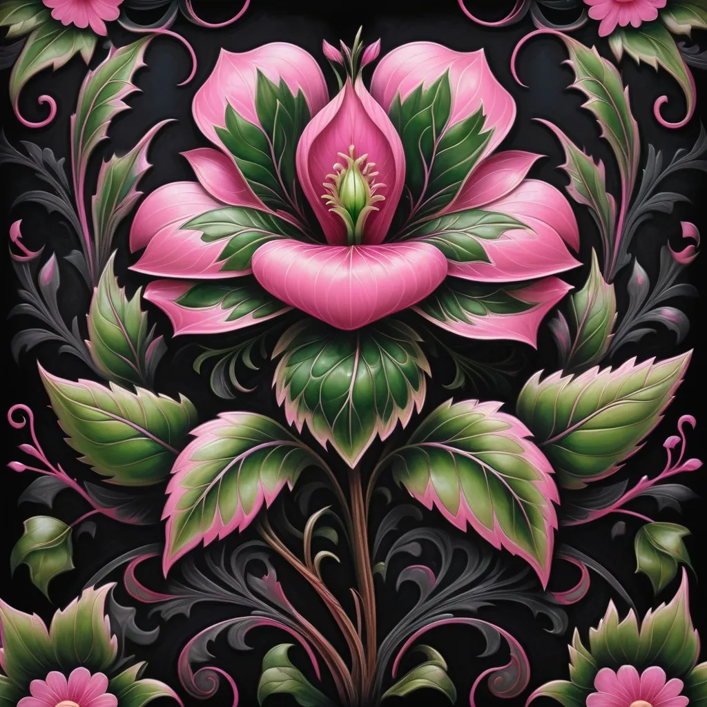 Prompt: a painting of a pink flower with green leaves on a black background with a black background behind it is a picture of a pink flower, Anne Stokes, cloisonnism, highly detailed digital painting, an airbrush painting