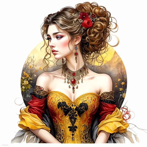 Prompt: <mymodel> beautiful woman, hair pinned up, yellow red black dress, earrings, Watercolor, trending on artstation, sharp focus, studio photo, intricate details, highly detailed, by  Josephine Wall and Jasmine Becket-Griffith