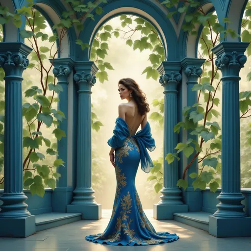 Prompt: Gracefully poised in an elegant setting, a woman stands with her back to the viewer, donning a striking blue gown adorned with intricate gold leaf patterns, accentuating her silhouette. The soft drapes of her shawl cascade elegantly over her shoulders, while her hair falls in loose curls, adding to the sense of sophistication. Framed by tall, lush green plants and ornate columns, the atmosphere is imbued with an air of tranquility, illuminated by warm, diffused light that filters through an unseen entrance. The vivid colors and composed arrangement evoke a narrative of elegance and nature, as if she is in a serene garden oasis, embodying both beauty and strength amid a harmonious backdrop.