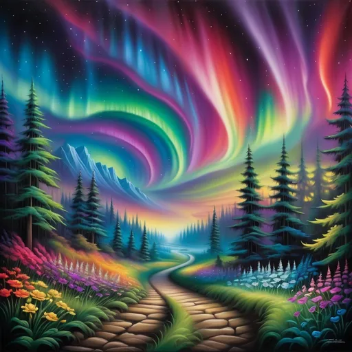 Prompt: a painting of a path leading to a colorful northern lights in the sky above a forest with flowers and trees, Anne Stokes, psychedelic art, kinkade, an airbrush painting