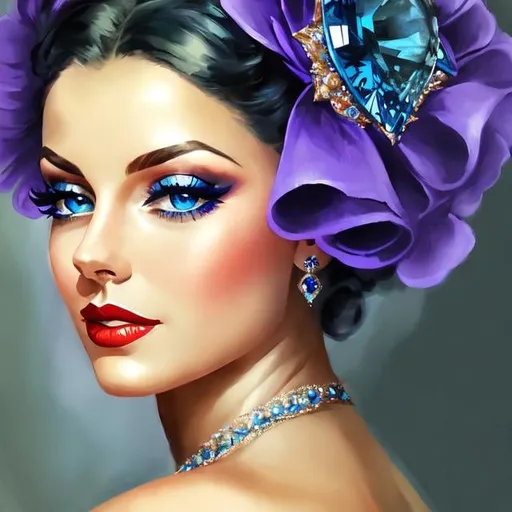 Prompt: Glamorously dressed lady of rhe 1930's wearing sapphire jewelry,blue eyes