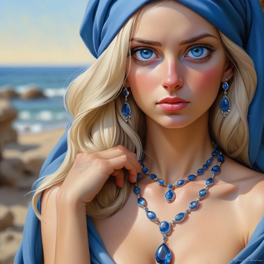 Prompt: a woman with blue eyes wearing a blue head scarf and a sapphire necklace, Art Brenner, figurative art, highly detailed digital painting, a photorealistic painting