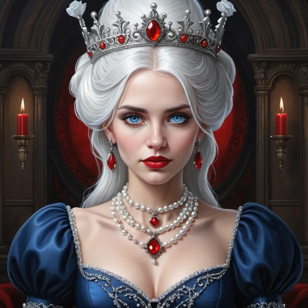 Prompt: a woman with  white hair, blue eyes, a tiara and pearls on her head and a red lip and a blue dress with a red and white collar, Anne Stokes, gothic art, highly detailed digital painting, a detailed painting