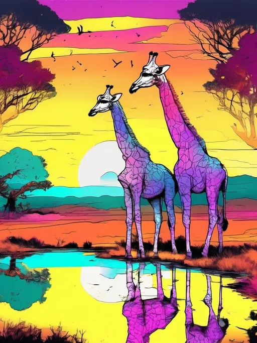 Prompt: Two giraffes standing in a savanna landscape with a colorful sunset sky, trees, and a reflection in the water