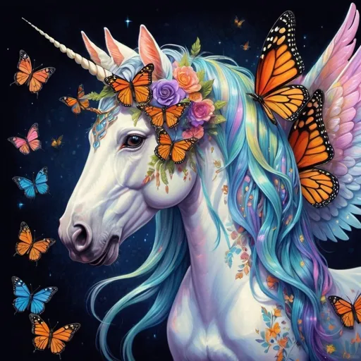 Prompt: Unicorn with monarch butterfly wings, whimsical fantasy art, vibrant and colorful, high quality, detailed fur, majestic horn, ethereal and magical, fantasy creature, surreal, vibrant colors, whimsical, intricate wing patterns, mythical, enchanting lighting, fantasy, vibrant, detailed wings, majestic, vibrant colors