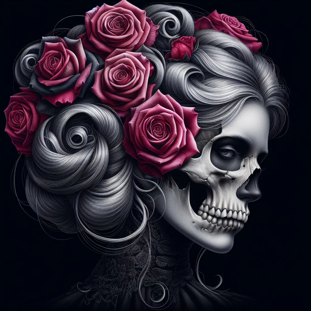 Prompt:  a skull face paint and roses in her hair and a rose in her hair is in her hair, Anne Stokes, gothic art, highly detailed digital painting, a digital painting