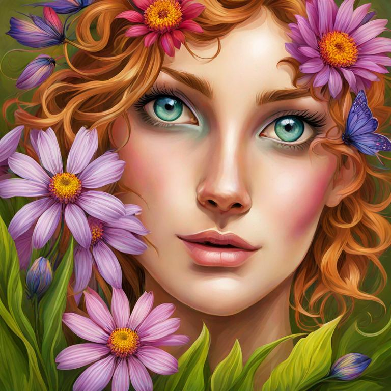 Prompt: a fairy of spring, ,wildflowers, vivid colors,  facial closeup