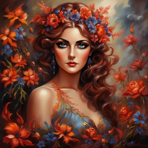 Prompt: <mymodel>Nataasha-Beautiful woman with flowers, oil painting, detailed fiery eyes, ethereal glow, dark and mysterious, high quality, vibrant colors, surreal, haunting, intricate floral details, intense gaze, mystical atmosphere, oil painting, demon, hybrid, fiery eyes, ethereal, vibrant colors, surreal, haunting, floral details, intense gaze, mystical atmosphere