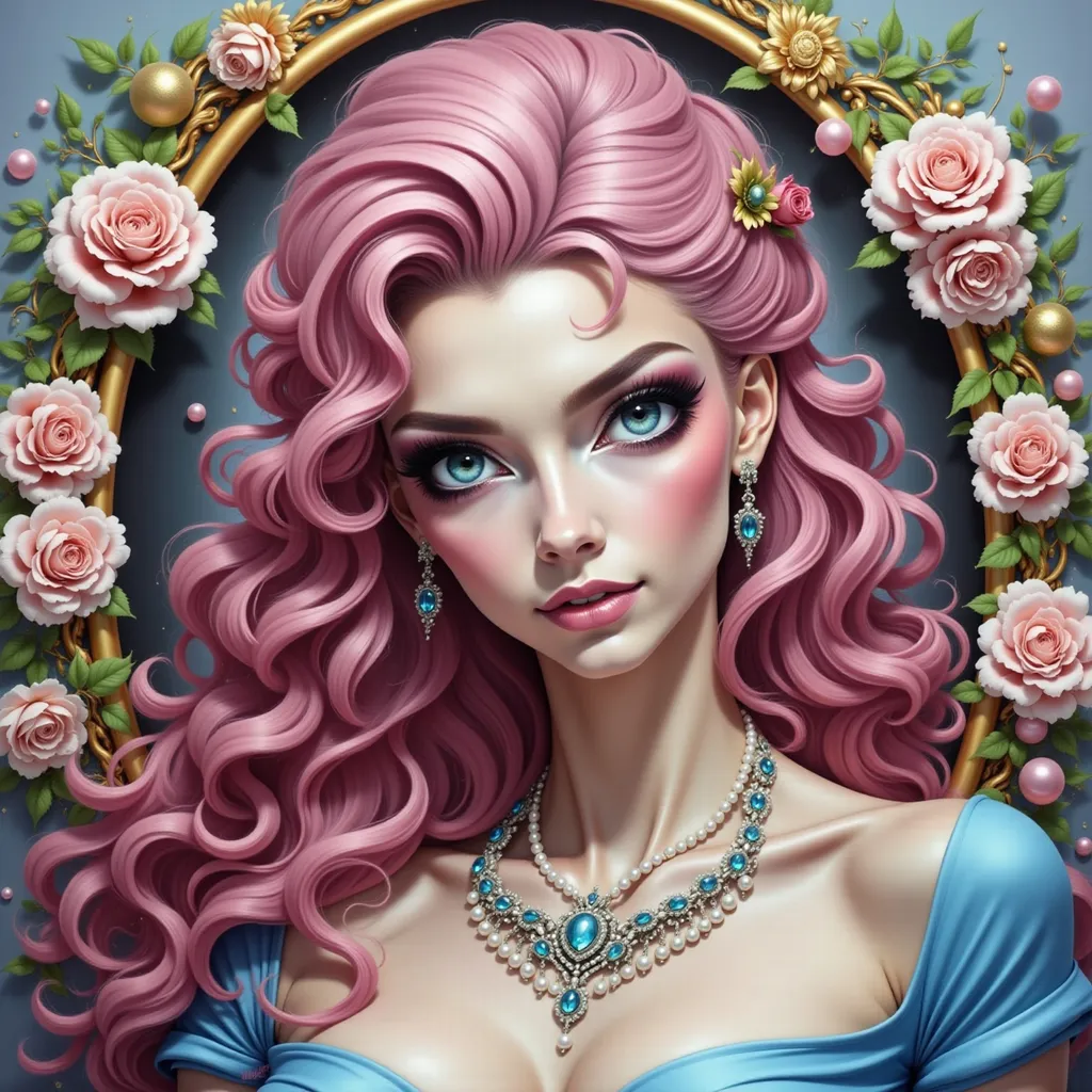 Prompt: a woman with pink hair and blue eyes wearing a necklace and earrings with roses on her head and a necklace with pearls, Edwin Georgi, photorealism, highly detailed digital painting, a photorealistic painting