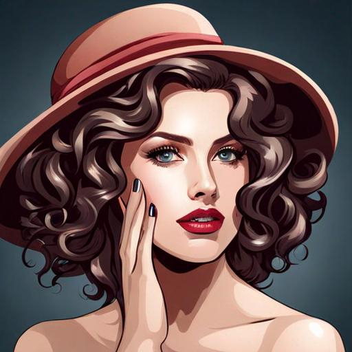 Prompt: fashionable lady with curly hair.Wering a hat
