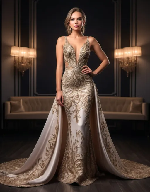 Prompt: Highly detailed evening gown commercial picture, full body portrait, elegant model posing, professional photoshoot, high quality, detailed embroidery, glamorous lighting