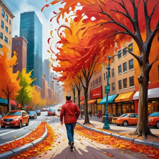 Prompt: Expressive autumn cityscape painting, vibrant brushstrokes, warm color palette, thick impasto texture, urban skyline, falling leaves, swirling winds, abstract expressionism, vibrant reds and oranges, energetic brushwork, bustling city streets, dynamic composition, high quality, expressive, cityscape, autumn, art, vibrant, impasto, abstract, energetic, dynamic, warm colors, swirling winds