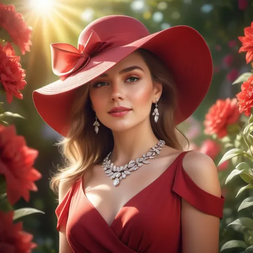 Prompt: elegant woman in a red dress, adorned with a hat, diamond necklace accentuating her neckline, soft background of blooming flowers, vibrant and cheerful ambiance, warm sunlight casting gentle shadows, stunning and detailed lighting, creating a captivating portrait, ultra-detailed, high quality, 4K resolution, evoking a sense of charm and grace.