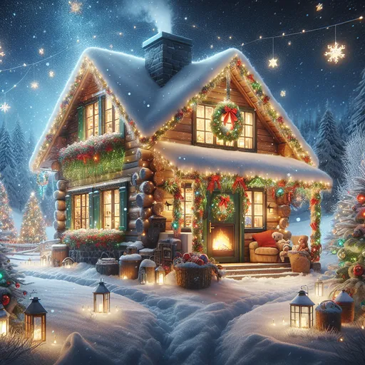 Prompt: (charming Christmas scene), snow-covered landscape, twinkling lights, cozy cabin with a glowing fireplace, festive decorations, family gathering, joy and warmth in the air, (colorful ornaments), starry night sky, wreaths on doors, (vibrant reds and greens), holiday spirit, magical ambiance, 4K ultra-detailed, inviting atmosphere.