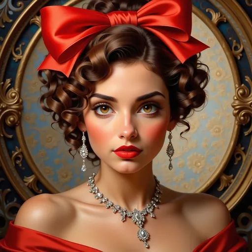 Prompt: a painting of a woman wearing a red bow and a diamond necklace on her neck and a red bow on her head, Edwin Georgi, photorealism, highly detailed digital painting, a photorealistic painting