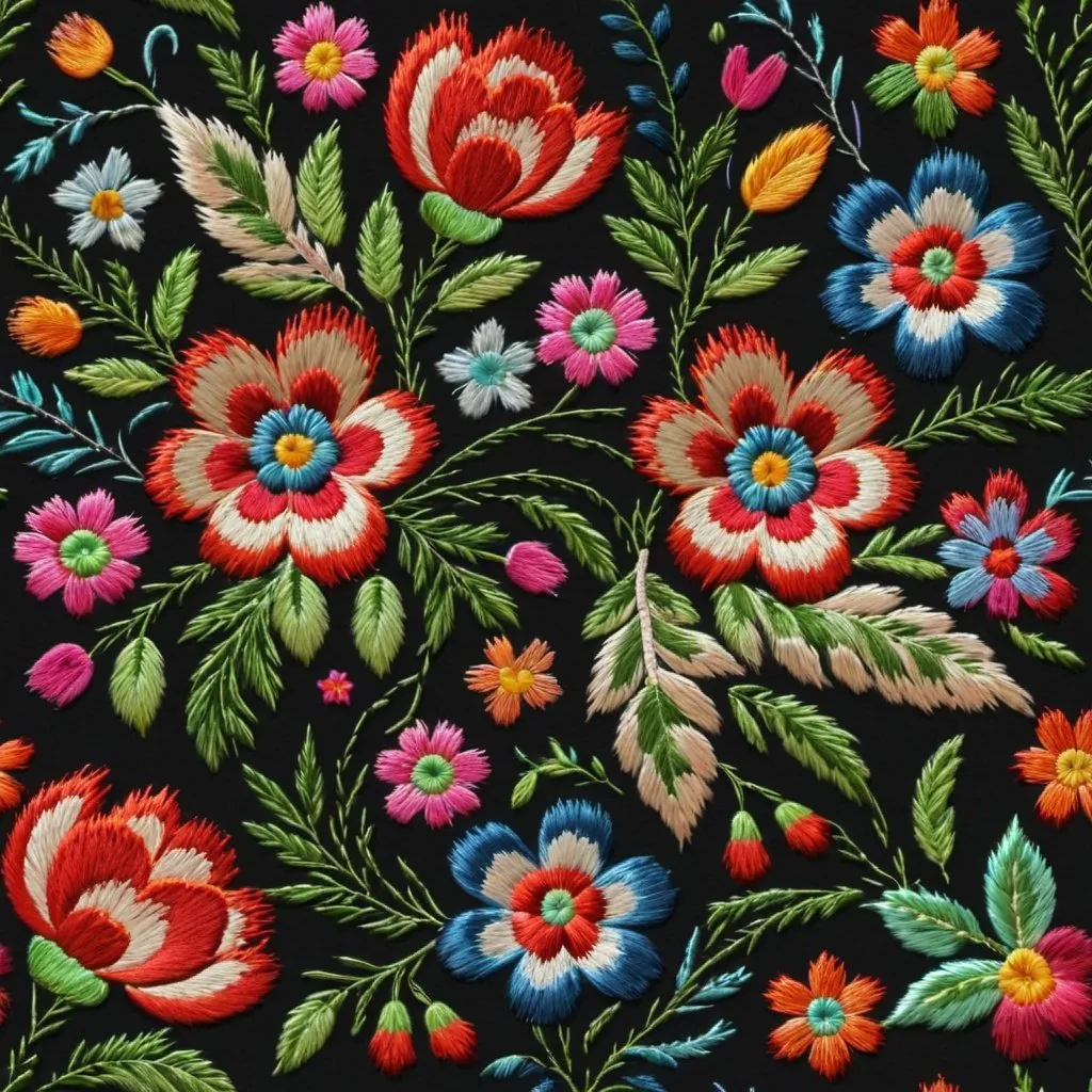 Prompt: Seamless pattern, embroidery design, colorfull threads, flowers and leaves, russian style, high resolution image