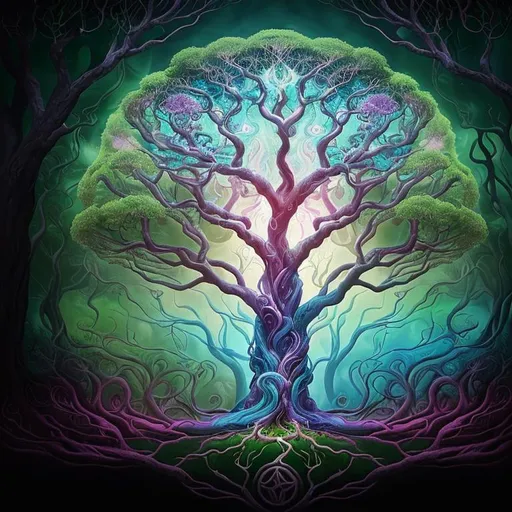 Prompt: Surrealistic depiction of the Tree of Life, vibrant and otherworldly, swirling branches and roots, dreamlike atmosphere, mysterious and enchanting, high quality, detailed surrealism, magical realism, whimsical colors, ethereal lighting, mystical infusion, vibrant and dreamlike, mystical, enchanted, surrealism, vibrant colors, swirling branches, dreamlike, high quality, detailed, magical realism, ethereal lighting