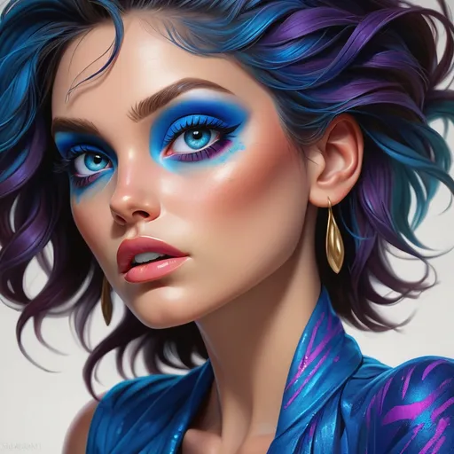 Prompt: Woman with vibrant blue eyeshadow, high-quality portrait, detailed makeup, realistic painting, vibrant colors, glamorous, professional lighting, intense gaze, highres, realistic, detailed, portrait, vibrant blue eyeshadow, glamorous makeup, professional, intense gaze, realistic painting, vibrant colors, realistic lighting