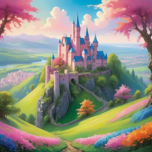 Prompt: A vivid vibrant fairytale landscape unfolds with a majestic castle perched atop a lush, green hill, boasting pointed towers adorned with pink and blue rooftops that catch the sunlight. Colorful blooms in various shades of pink, orange, and blue blanket the foreground, while lush trees in rich greens frame the scene, creating a harmonious and enchanted atmosphere. A gracefully arched stone bridge spans a serene, reflective river that winds through the verdant valley, enhancing the whimsical charm of the setting. Above, a bright blue sky dotted with fluffy clouds A sense of magic and joy in this idyllic world. Each element combines to evoke a sense of wonder and adventure, inviting the viewer into a storybook realm.