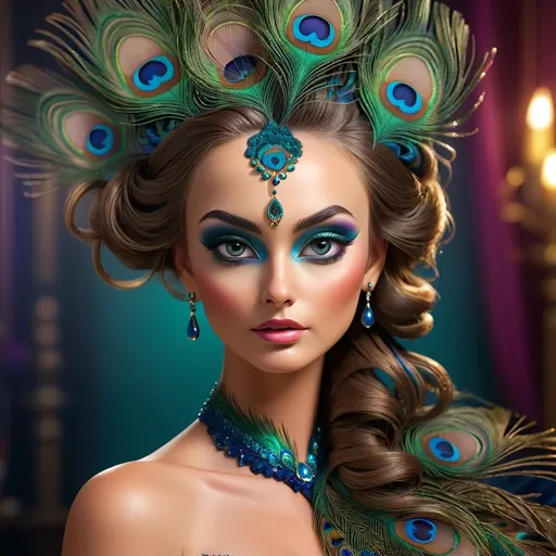 Prompt: Gorgeous woman with beautiful makeup and hair, peacock feathers, high-quality, detailed, realistic, elegant, vibrant colors, professional makeup, glamorous lighting, 4k resolution, portrait, detailed facial features, luxurious, exotic, peacock feathers, elegant hairstyle, stunning makeup, beauty shot