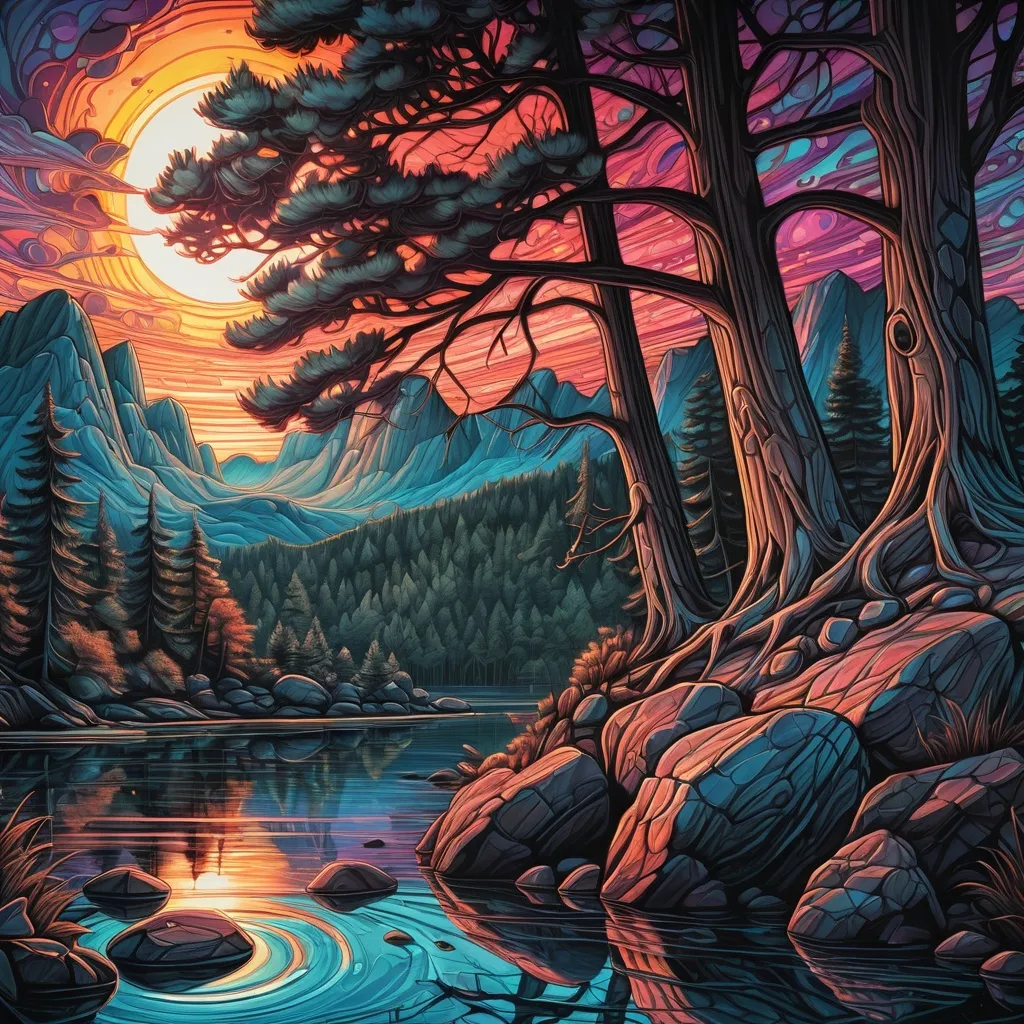 Prompt: a painting of a sunset over a lake with trees and rocks in the foreground and a sunset in the background, Dan Mumford, psychedelic art, sun, an airbrush painting