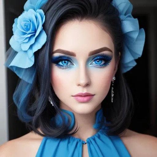 Prompt: A woman all in blue, blue eyes, pretty makeup