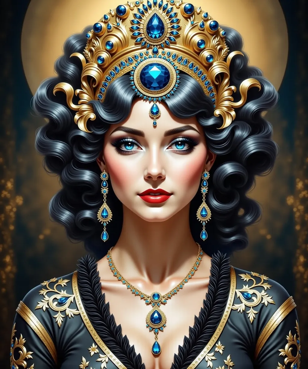 Prompt: An empress with an elaborate gold headpiece with turquoise jewels wearing a black dress and gold jewelry, Dirk Crabeth, art deco, orientalism, an art deco painting