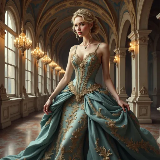 Prompt: Bathed in the soft, golden glow of ornate chandeliers, a strikingly elegant figure stands poised in a grand, opulent hall adorned with intricate architecture. Clad in a breathtaking gown that shimmers in hues of deep turquoise and gold, the dress features a fitted bodice intricately embellished with delicate patterns and gemstones that catch the light. Her expression is serene yet captivating, with her head slightly bowed and lips painted in a bold red, while her hair is elegantly styled, crowned with a delicate tiara. The rich, luxurious atmosphere is complemented by the warm colors of the softly glowing windows, suggesting a late afternoon glow that adds to the enchanting ambiance of the scene, evoking a sense of timeless fairy tale elegance and grace.