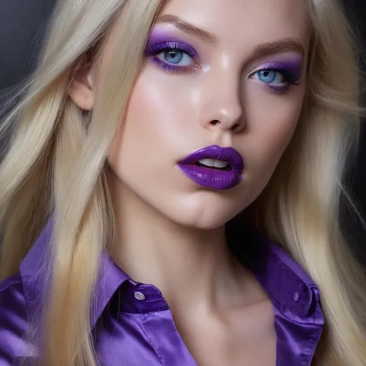 Prompt: <mymodel> a woman with long blonde hair and blue eyeshadow with purple lipstick on her lips and a purple shirt, Evaline Ness, synchromism, purple, a photorealistic painting