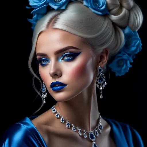 Prompt: <mymodel>A beautiful woman, white hair, blue eyes, blue eyeshadow, blue jewels o
