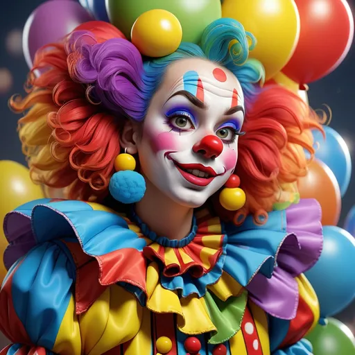 Prompt: Primary color clown, cute makeup, high quality, cartoon, bright colors, detailed features, playful expression, professional lighting