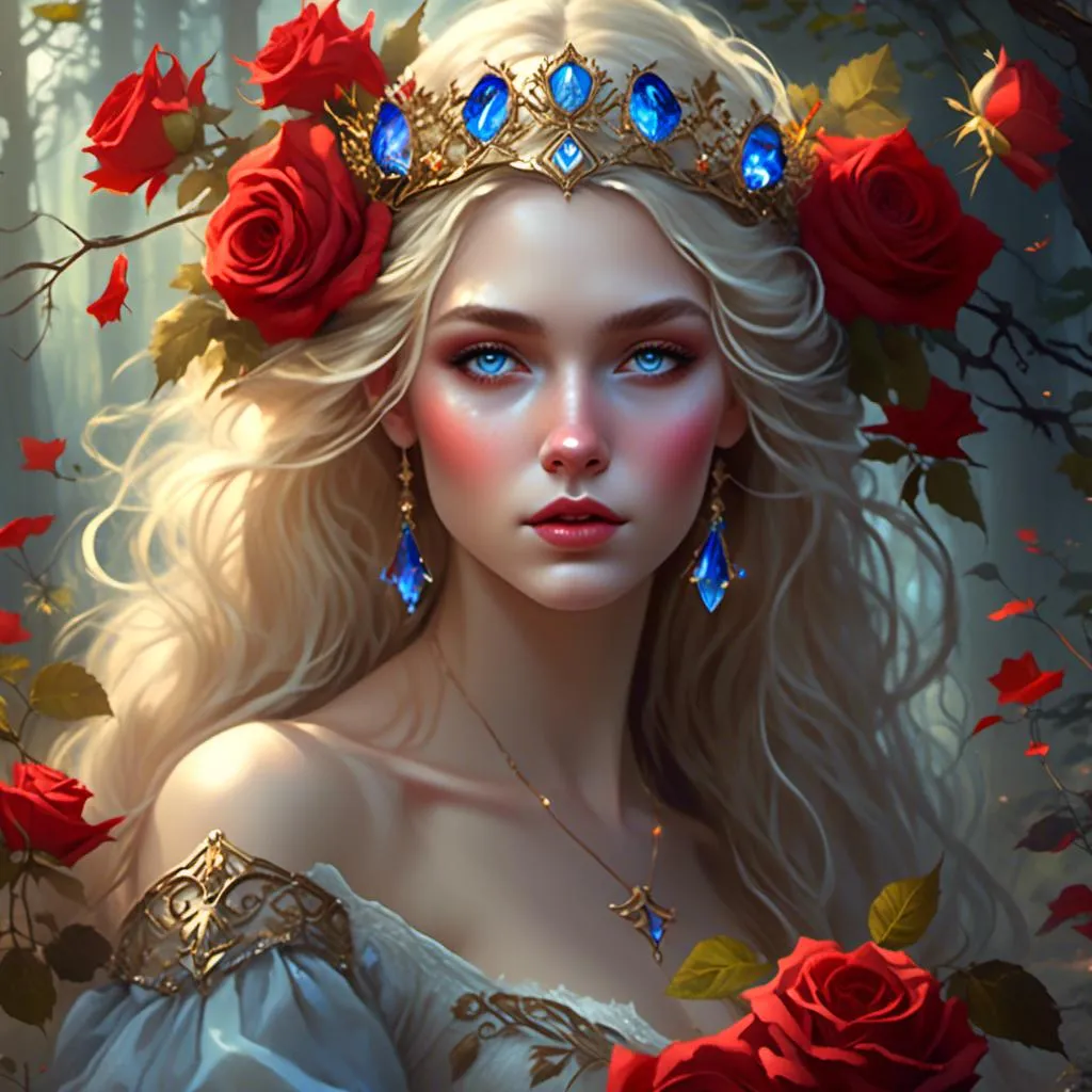 Prompt: Fairy tale, beautiful girl with white skin, (perfect face), light golden hair, blue pupils, red lips, forest style, mysterious, vintage fashion-dresses, with a transparent crystal crown on her head, the woman's body is so white Glows, (high detail) sitting on an oversized red rose, hyperdetail, ultra high definition.<mymodel>