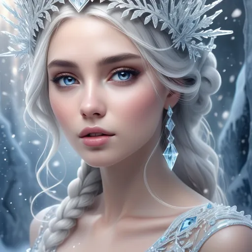 Prompt: (ice queen), ethereal beauty, glistening ice crystals, flowing icy gown, detailed ornate crown, frosty blue and silver tones, sparkling snowflakes in the air, majestic winter landscape, enchanting atmosphere, bright white light contrasts with cool shades, high detail, ultra-detailed, 4K quality, captivating and magical ambiance.