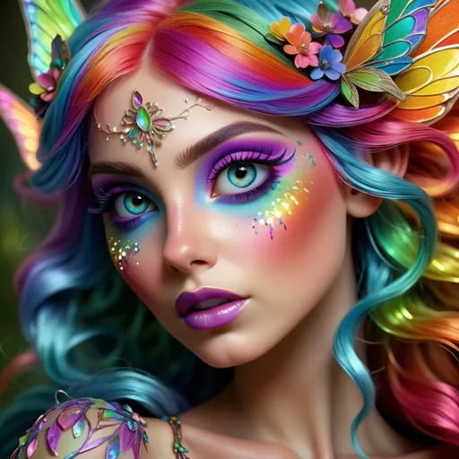 Prompt: Facial closeup of a beautiful fairy with vibrant rainbow-colored hair, intricate details of magical iridescent makeup, ethereal and enchanting aura, high-quality digital illustration, fantasy, vibrant colors, detailed eyes, whimsical, enchanting lighting, rainbow hair, magical makeup, fairy, highres, ultra-detailed, fantasy, vibrant colors, ethereal, close-up