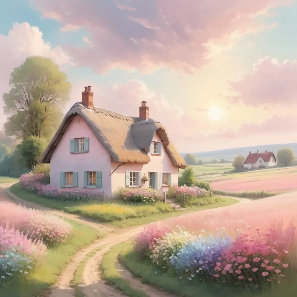 Prompt: Pastel illustration of a serene countryside, soft and dreamy colors, blooming fields of flowers, charming cottage with a thatched roof, gentle sunlight filtering through pastel clouds, tranquil atmosphere, high quality, soft pastel, countryside, dreamy, blooming fields, charming cottage, gentle sunlight, tranquil atmosphere