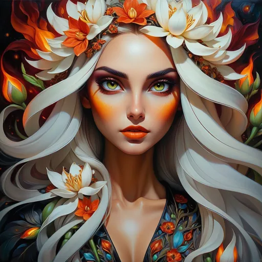 Prompt: Beautiful  hybrid woman with flowers sprouting from her, oil painting, detailed fiery eyes, ethereal glow, dark and mysterious, high quality, vibrant colors, surreal, haunting, intricate floral details, intense gaze, mystical atmosphere, oil painting, demon, hybrid, fiery eyes, ethereal, vibrant colors, surreal, haunting, floral details, intense gaze, mystical atmosphere