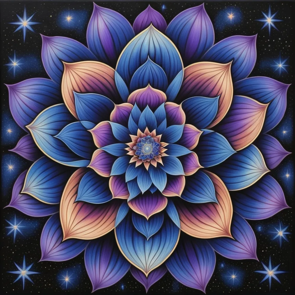 Prompt: a painting of a flower with a blue center and purple petals on it, surrounded by stars and a black background, Amanda Sage, psychedelic art, sacred geometry, a detailed painting