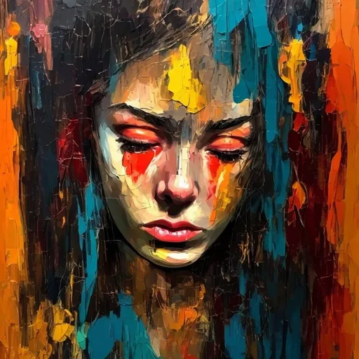 Prompt: <mymodel>Sad woman, oil painting, vibrant and contrasting colors, emotional brush strokes, intense and contrasting, abstract, emotional, high quality, expressionism, oil painting, vibrant colors, emotional brush strokes, intense, abstract, contrasting, artistic, emotional