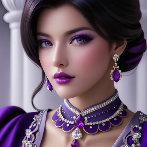 Prompt: lady in purple high class attire, facial closeup