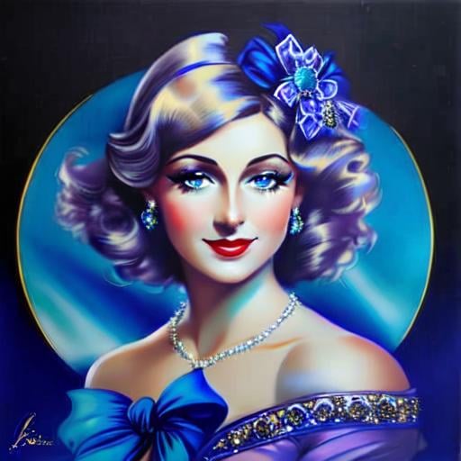 Prompt: Glamorously dressed lady of rhe 1930's wearing sapphire jewelry,blue eyes