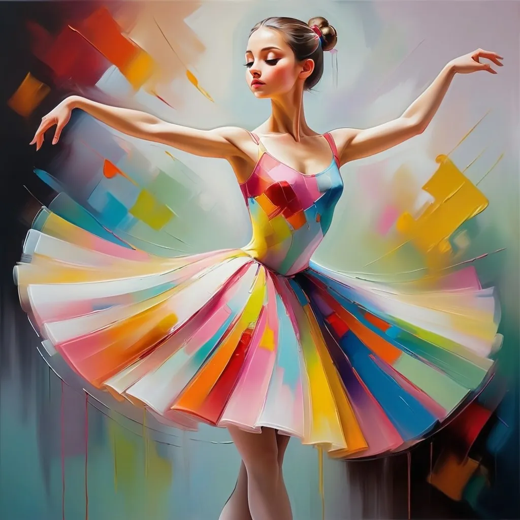 Prompt: Hand Painted, oil paint, Beautiful Ballet Girl in Colorful Dress,  Abstract Figure