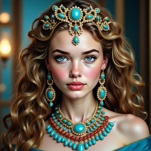 Prompt: Radiating elegance, the young woman captivates with her striking blue eyes and rich, flowing curls, framed delicately by a statement headpiece adorned with turquoise stones. Her perfectly balanced makeup accentuates a bold red lip, enhancing her regal aura. Dressed in an opulent neckline graced with layers of intricate jewelry that blend turquoise and vibrant red stones, she exudes both grace and confidence. The backdrop, softly illuminated with a warm glow, hints at a lavish setting, reinforcing the ethereal quality of the portrait. Overall, this image conveys a sense of refined beauty and cultural elegance, inviting viewers to admire the artistry present in both the subject and the adornments.
