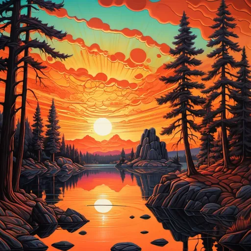 Prompt: a painting of a sunset over a lake with trees and rocks in the foreground and a bright orange sky, Dan Mumford, psychedelic art, sun, an airbrush painting