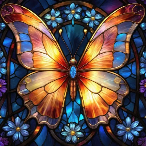 Prompt: a luminous transparent stained glass butterfly, flowers, bubbles, extreme detail, 4k, ultra hd, fantasy art, fractal art, digital painting, radiant, hyper-detailed